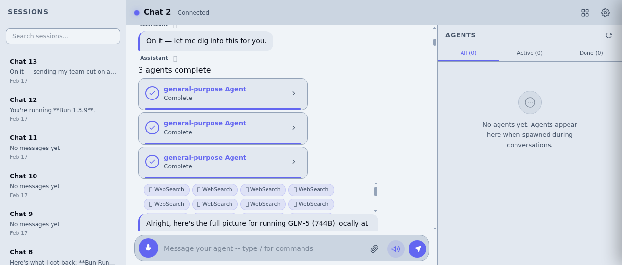 The Forge workspace showing Sheli coordinating multiple AI agents to research and synthesize information